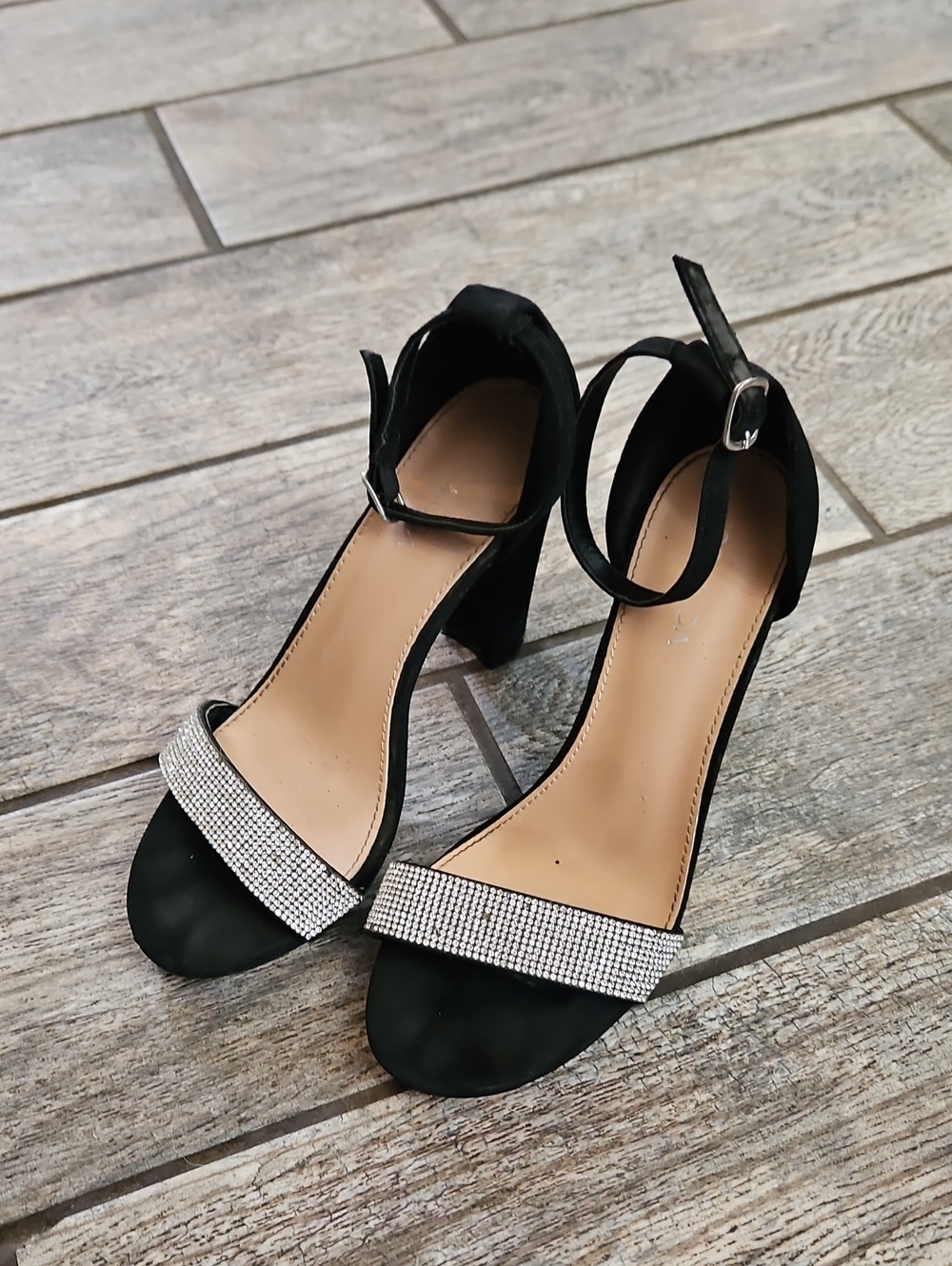 TOP Moda Black Block Heel Sandals with Rhinestone Strap Size 8